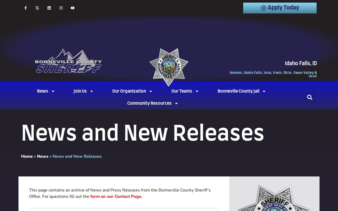 Bonneville County Sheriff arrest news release archive