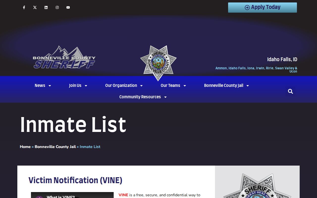 Bonneville County Sheriff inmate list interface and update notice