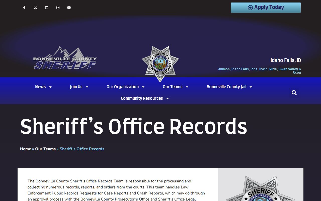 Bonneville County Sheriff Records Team electronic request notice