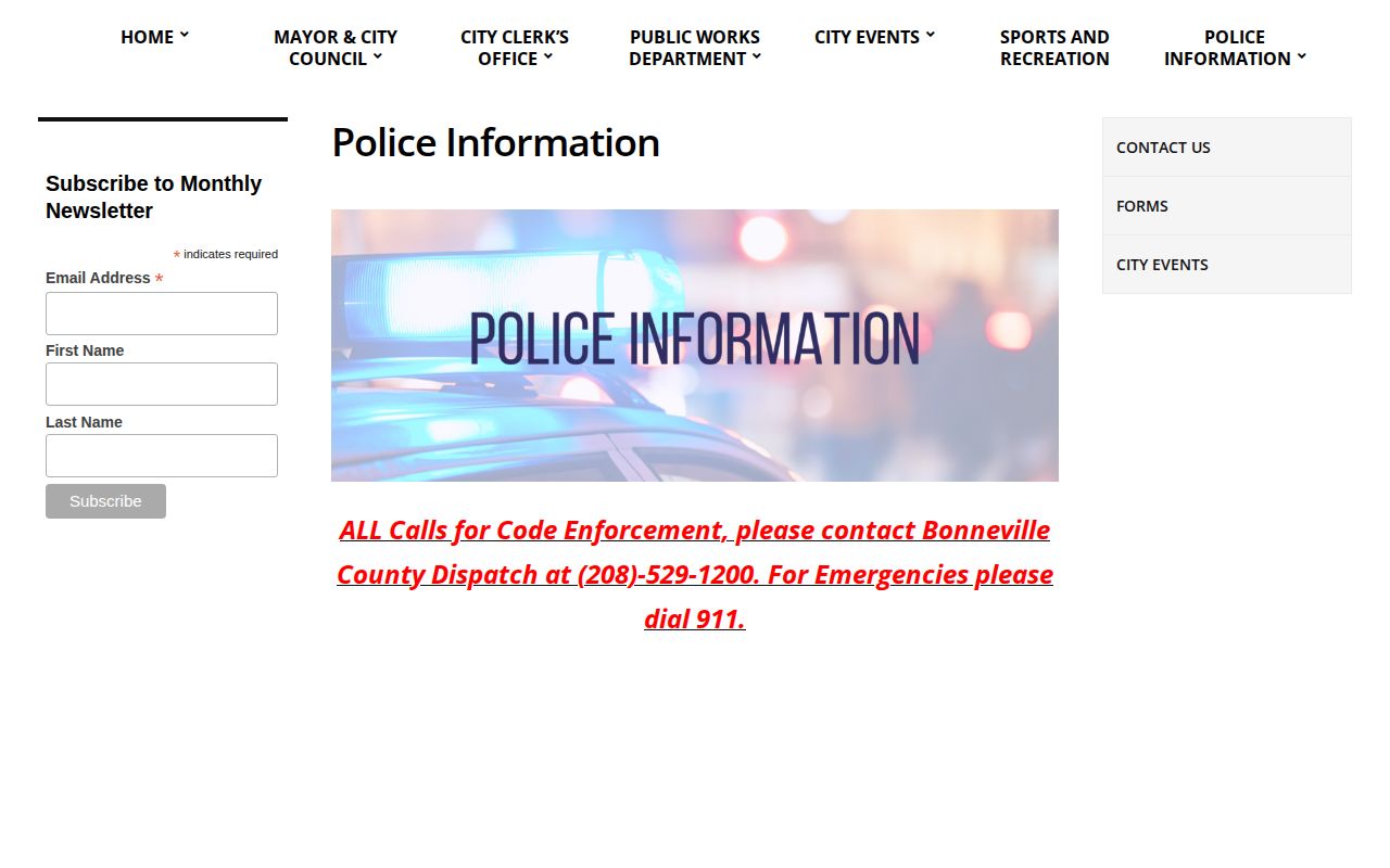 City of Iona police information webpage with county dispatch routing