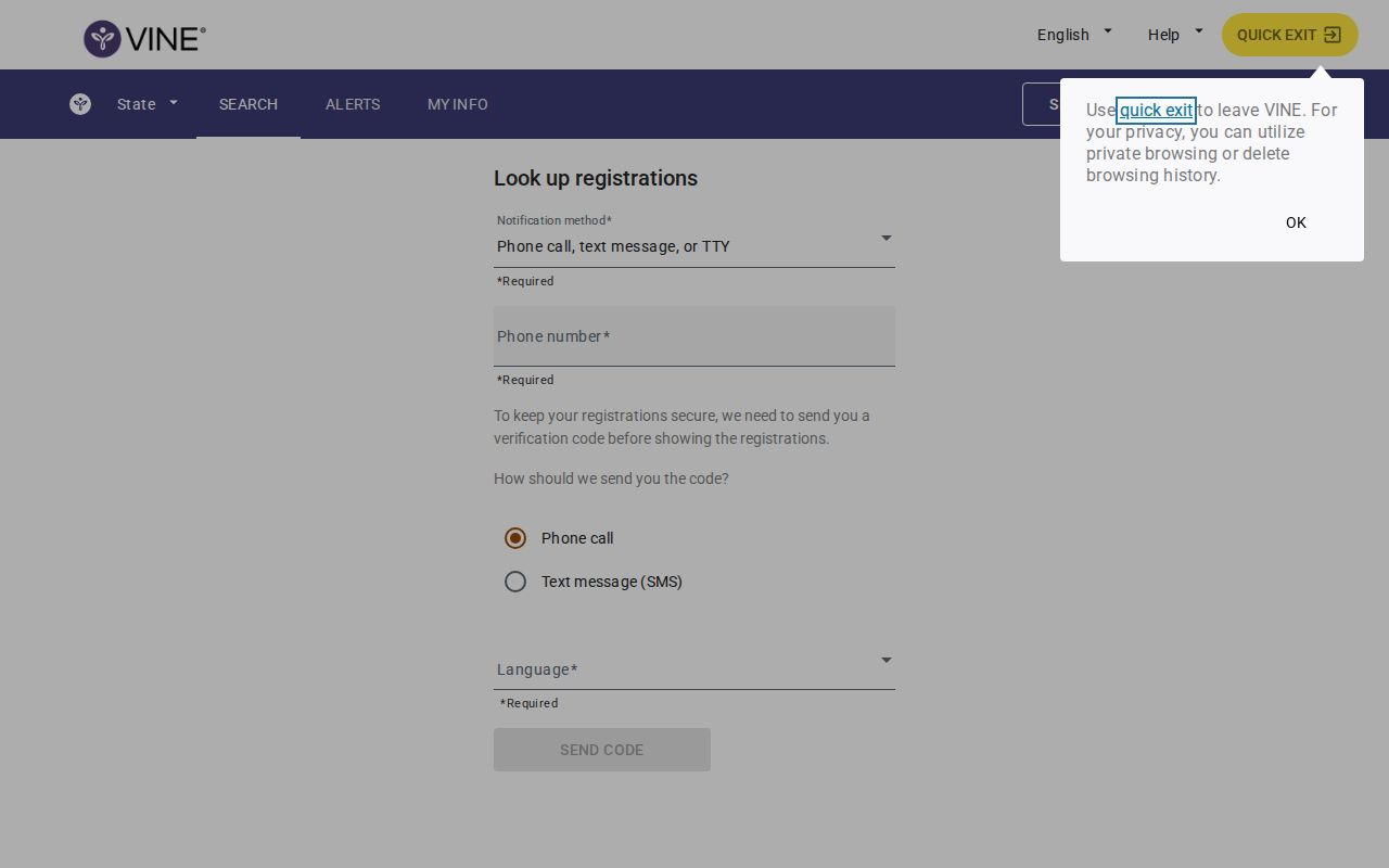 VINELink Bonneville County custody alert registration interface