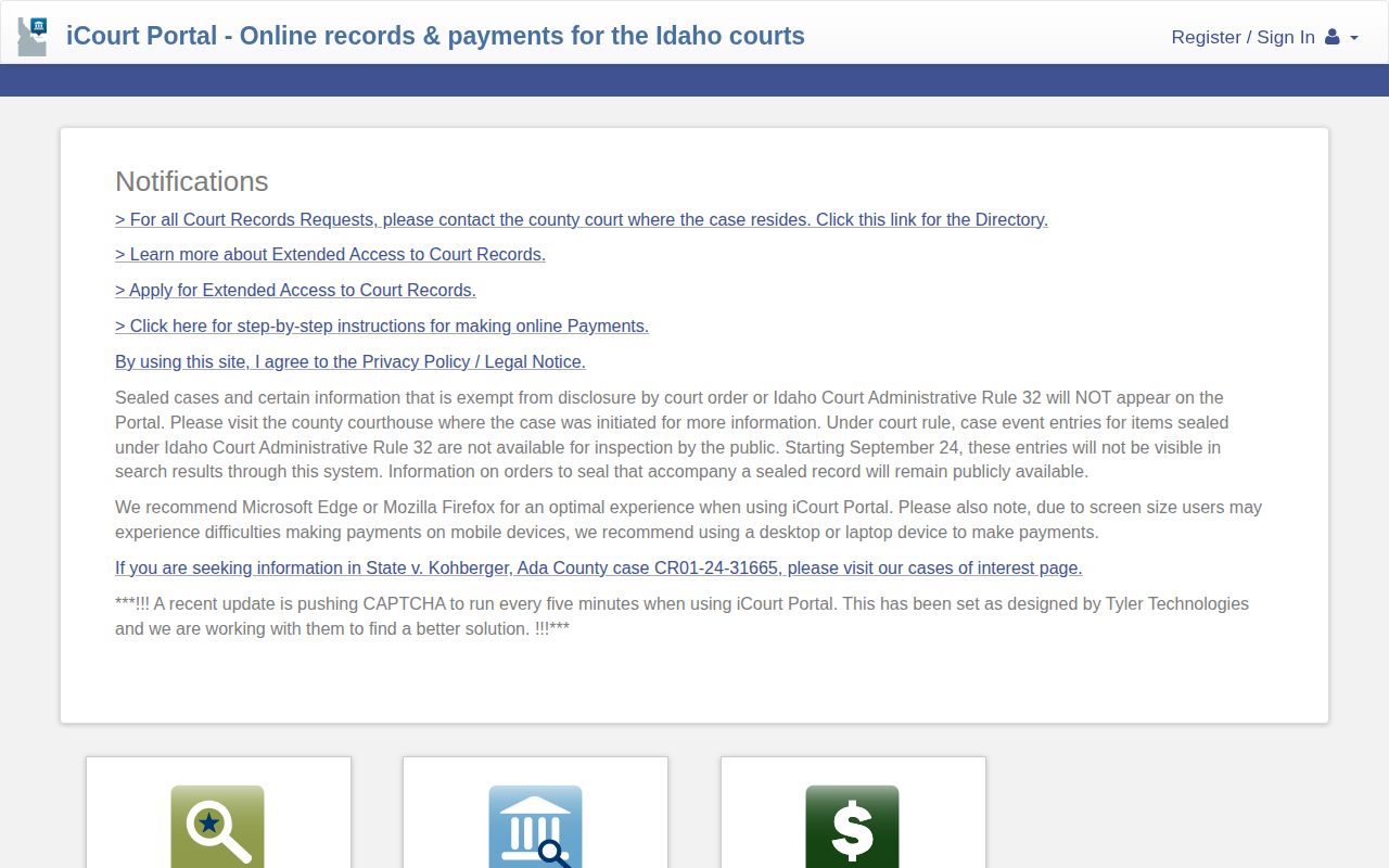 Idaho MyCourts public case search interface